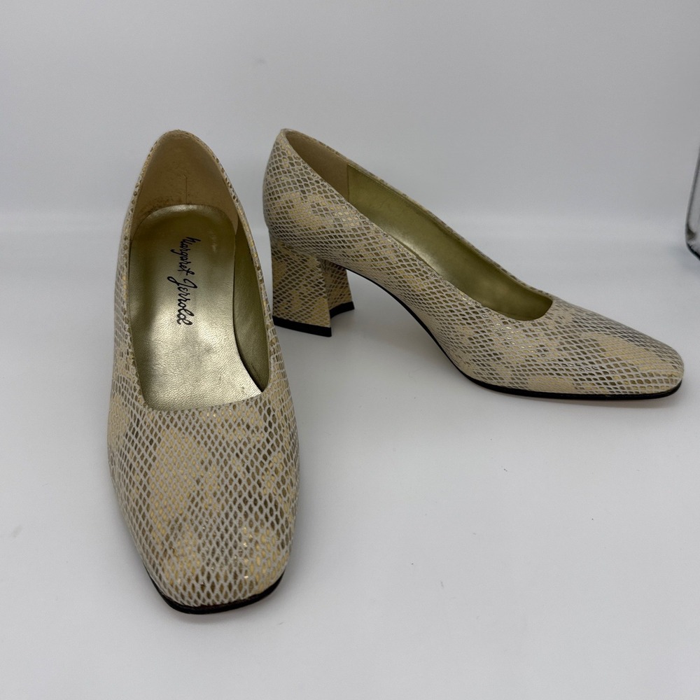 Margaret Jerrold Vintage Snakeskin Embossed Gold‎ Cream Block Heel Pumps 6.5M